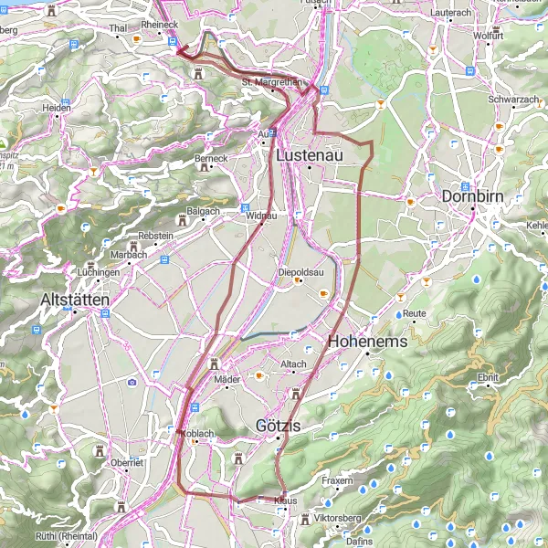 Map miniature of "Scenic Gravel Tour near Rheineck" cycling inspiration in Ostschweiz, Switzerland. Generated by Tarmacs.app cycling route planner