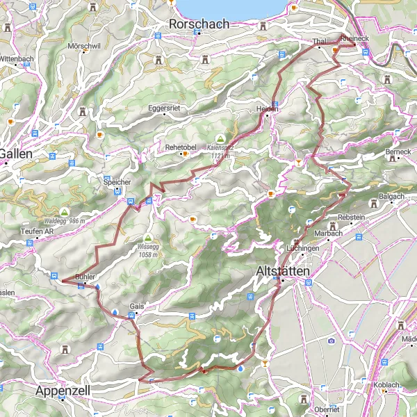 Map miniature of "Three Countries Gravel Ride" cycling inspiration in Ostschweiz, Switzerland. Generated by Tarmacs.app cycling route planner
