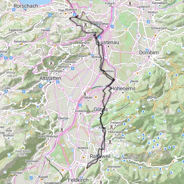 Zemljevid v pomanjšavi "Raznolika pot skozi Švicijsko pokrajino" kolesarske inspiracije v Ostschweiz, Switzerland. Generirano z načrtovalcem kolesarskih poti Tarmacs.app