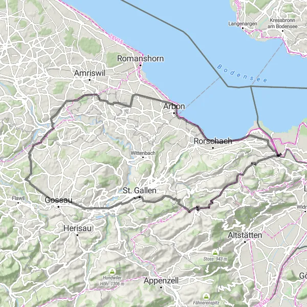 Miniaturní mapa "Okružní cyklistická trasa kolem Rheinecku" inspirace pro cyklisty v oblasti Ostschweiz, Switzerland. Vytvořeno pomocí plánovače tras Tarmacs.app