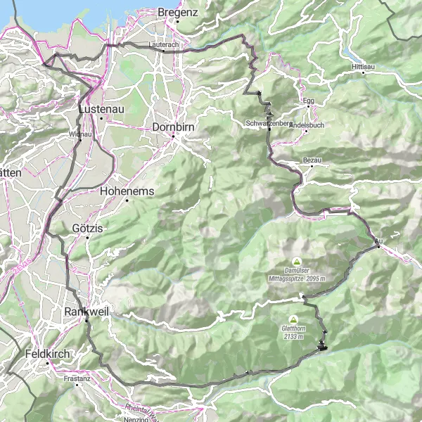 Map miniature of "Panoramic Road Cycling Experience" cycling inspiration in Ostschweiz, Switzerland. Generated by Tarmacs.app cycling route planner