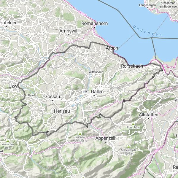 Map miniature of "Road Cycling Experience from Rheineck" cycling inspiration in Ostschweiz, Switzerland. Generated by Tarmacs.app cycling route planner