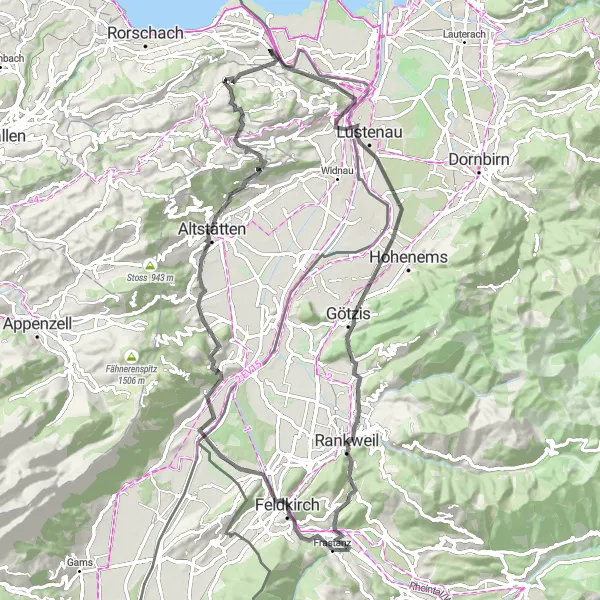 Miniaturekort af cykelinspirationen "Rundtur fra Rheineck til 3-lande-udsigt" i Ostschweiz, Switzerland. Genereret af Tarmacs.app cykelruteplanlægger