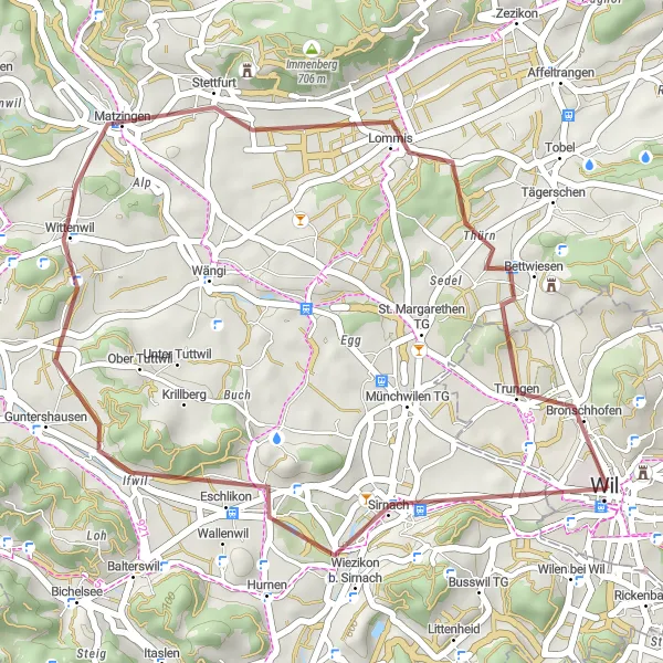 Miniatura mapy "Krótka trasa gravelowa przez Jubla Turm Sirnach" - trasy rowerowej w Ostschweiz, Switzerland. Wygenerowane przez planer tras rowerowych Tarmacs.app