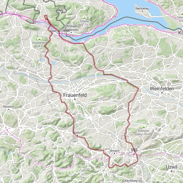 Miniatuurkaart van de fietsinspiratie "Gravelroute naar Wil" in Ostschweiz, Switzerland. Gemaakt door de Tarmacs.app fietsrouteplanner