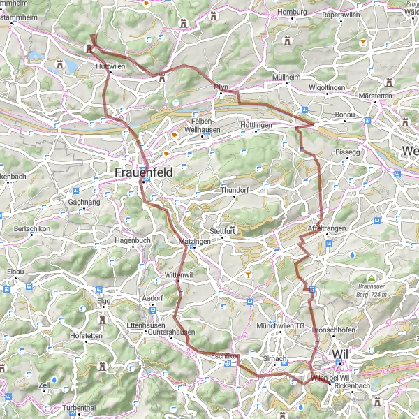 Miniatua del mapa de inspiración ciclista "Explorando Jubla Turm Sirnach-Trunger Holz" en Ostschweiz, Switzerland. Generado por Tarmacs.app planificador de rutas ciclistas