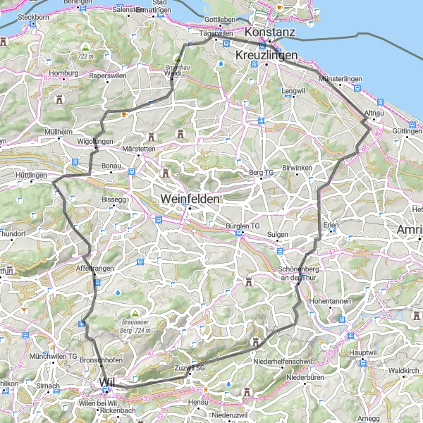 Miniatuurkaart van de fietsinspiratie "Rondje Rickenbach und Constance" in Ostschweiz, Switzerland. Gemaakt door de Tarmacs.app fietsrouteplanner