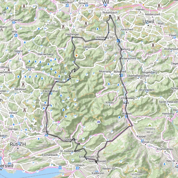 Mapa miniatúra "Cesta cez Vogelherd a Fischenthal" cyklistická inšpirácia v Ostschweiz, Switzerland. Vygenerované cyklistickým plánovačom trás Tarmacs.app