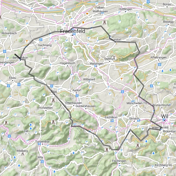 Mapa miniatúra "Okruh cez Wilen bei Wil a Thundorf" cyklistická inšpirácia v Ostschweiz, Switzerland. Vygenerované cyklistickým plánovačom trás Tarmacs.app