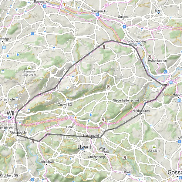 Miniatua del mapa de inspiración ciclista "Ruta de Ciclismo de Carretera por Ciudades Suizas" en Ostschweiz, Switzerland. Generado por Tarmacs.app planificador de rutas ciclistas
