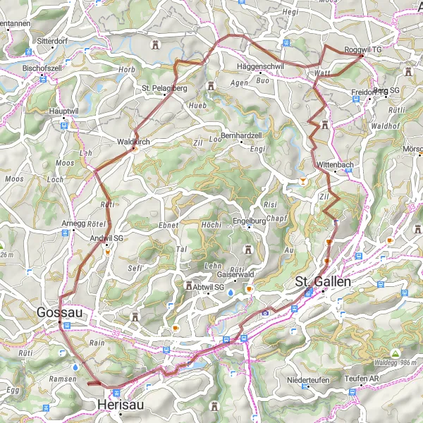 Miniatura della mappa di ispirazione al ciclismo "Esplorazione in bicicletta da Roggwil a Gossau" nella regione di Ostschweiz, Switzerland. Generata da Tarmacs.app, pianificatore di rotte ciclistiche