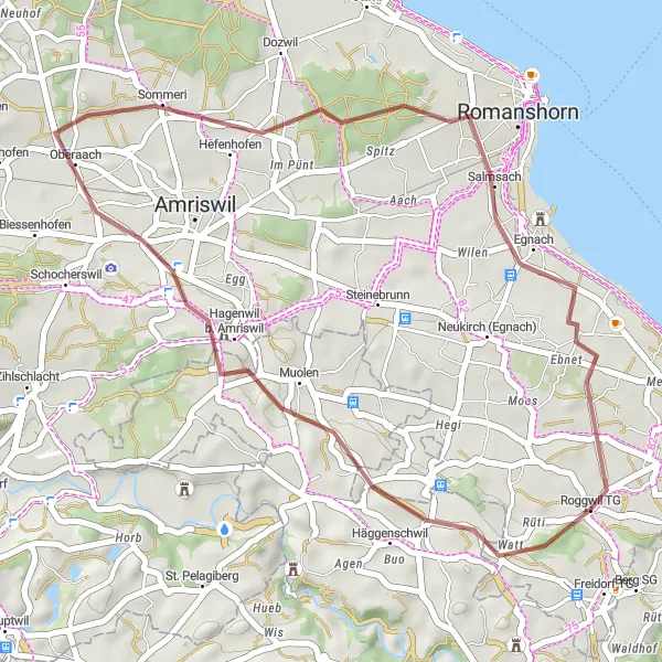 Miniaturní mapa "Gravelová trasa kolem Roggwilu" inspirace pro cyklisty v oblasti Ostschweiz, Switzerland. Vytvořeno pomocí plánovače tras Tarmacs.app