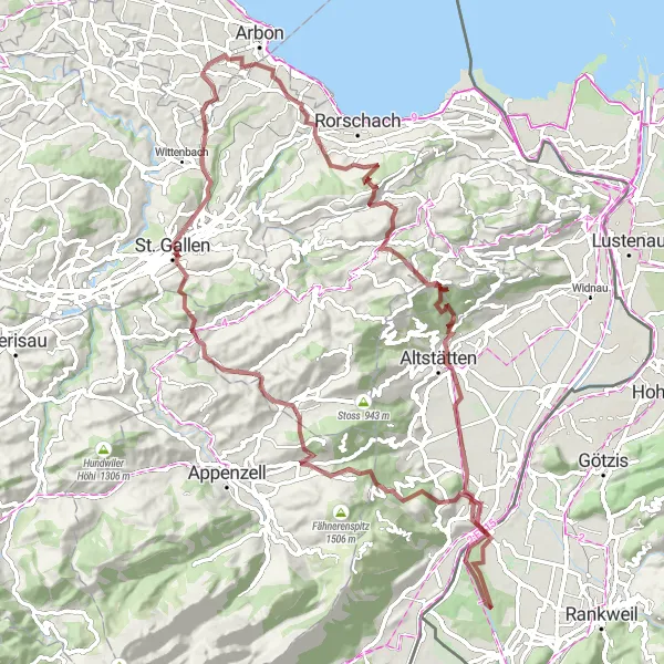 Zemljevid v pomanjšavi "Kolesarska pot Gravel Roggwil - Roggwil" kolesarske inspiracije v Ostschweiz, Switzerland. Generirano z načrtovalcem kolesarskih poti Tarmacs.app