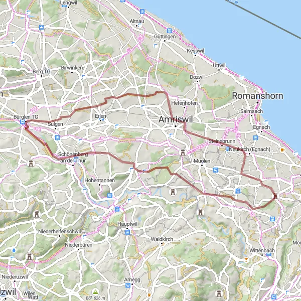 Miniatua del mapa de inspiración ciclista "Ruta de Grava Roggwil - Steinebrunn" en Ostschweiz, Switzerland. Generado por Tarmacs.app planificador de rutas ciclistas