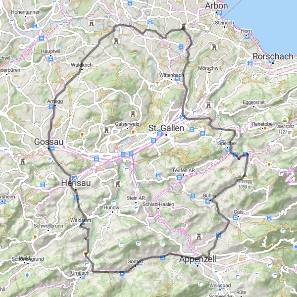 Kartminiatyr av "Vägcykling med utsikt över Bodensjön" cykelinspiration i Ostschweiz, Switzerland. Genererad av Tarmacs.app cykelruttplanerare