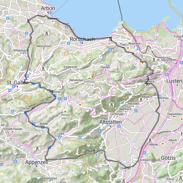 Map miniature of "Aussichtsplattform Loop" cycling inspiration in Ostschweiz, Switzerland. Generated by Tarmacs.app cycling route planner