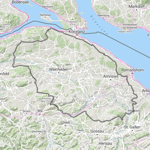 Kartminiatyr av "Lang tur til Seeburgturm og Hamisfeld" sykkelinspirasjon i Ostschweiz, Switzerland. Generert av Tarmacs.app sykkelrutoplanlegger