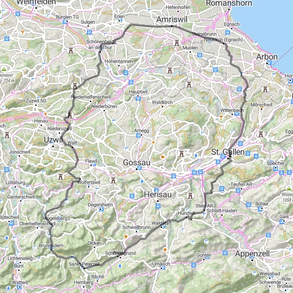 Miniatua del mapa de inspiración ciclista "Ruta de ciclismo de carretera por Roggwil" en Ostschweiz, Switzerland. Generado por Tarmacs.app planificador de rutas ciclistas