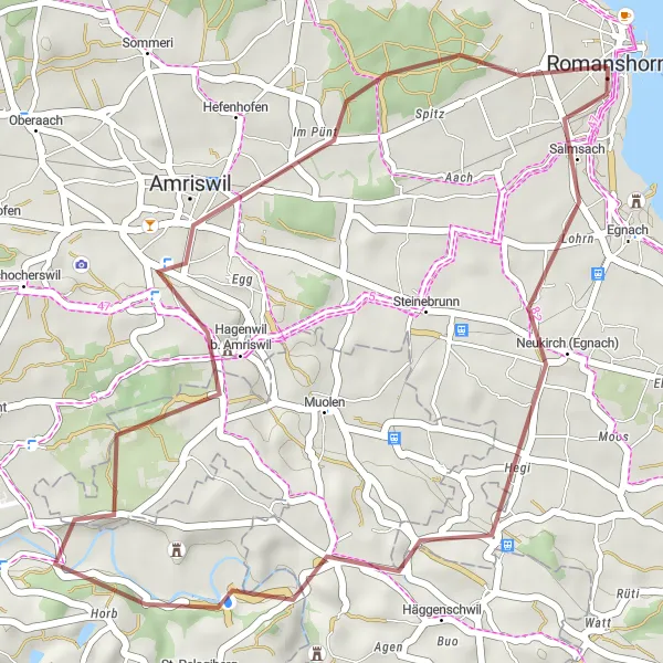 Miniature de la carte de l'inspiration cycliste "Parcours gravel près de Romanshorn passant par Salmsach, Schloss Hagenwil et Schloss Romanshorn" dans la Ostschweiz, Switzerland. Générée par le planificateur d'itinéraire cycliste Tarmacs.app
