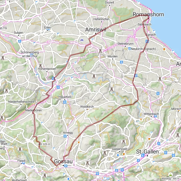 Mapa miniatúra "Gravel cyklotúra cez Salmsach a Bischofszell" cyklistická inšpirácia v Ostschweiz, Switzerland. Vygenerované cyklistickým plánovačom trás Tarmacs.app