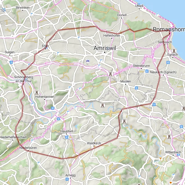 Zemljevid v pomanjšavi "Raznolika pot iz Romanshorna" kolesarske inspiracije v Ostschweiz, Switzerland. Generirano z načrtovalcem kolesarskih poti Tarmacs.app
