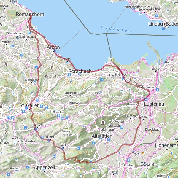 Miniatura della mappa di ispirazione al ciclismo "Gravel Adventure da Romanshorn a St. Gallen" nella regione di Ostschweiz, Switzerland. Generata da Tarmacs.app, pianificatore di rotte ciclistiche