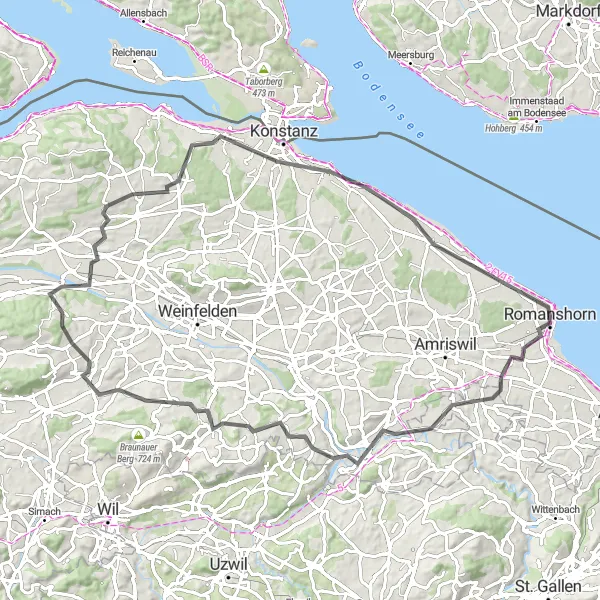 Miniature de la carte de l'inspiration cycliste "Tour du lac de Constance en vélo de route" dans la Ostschweiz, Switzerland. Générée par le planificateur d'itinéraire cycliste Tarmacs.app