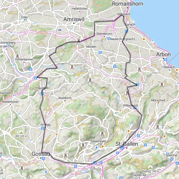 Miniatura della mappa di ispirazione al ciclismo "Rotta ciclabile attraverso Wittenbach - Gossau - Bischofszell - Schloss Hagenwil" nella regione di Ostschweiz, Switzerland. Generata da Tarmacs.app, pianificatore di rotte ciclistiche