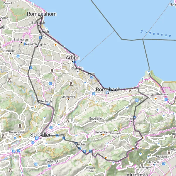 Zemljevid v pomanjšavi "Panoramsko cestno kolesarjenje vzhodne Švice" kolesarske inspiracije v Ostschweiz, Switzerland. Generirano z načrtovalcem kolesarskih poti Tarmacs.app