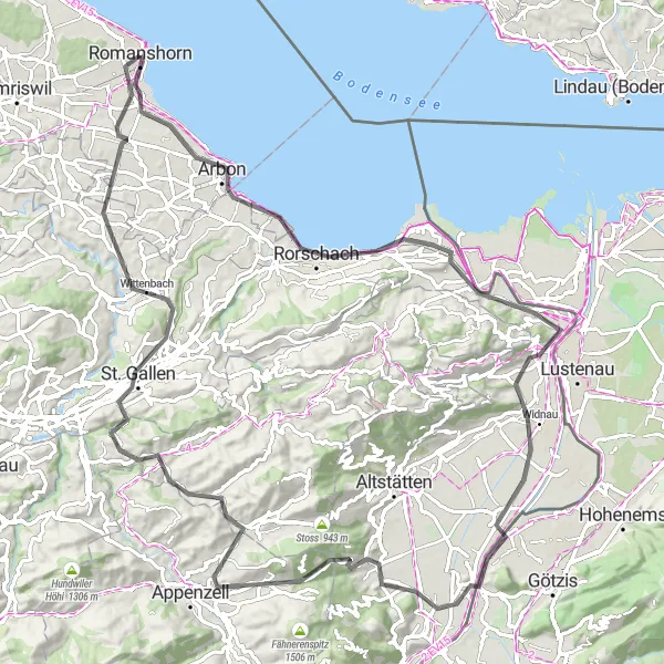 Map miniature of "Romanshorn - St. Gallen Loop" cycling inspiration in Ostschweiz, Switzerland. Generated by Tarmacs.app cycling route planner