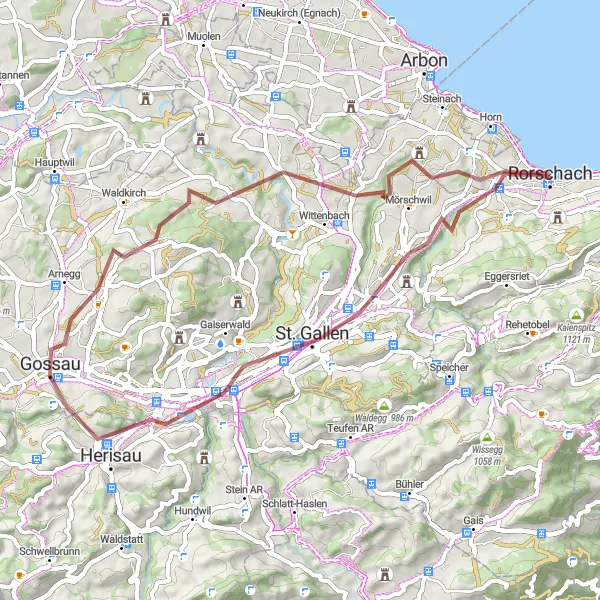 Karten-Miniaturansicht der Radinspiration "Gravel-Abenteuer durch St. Gallen und Herisau" in Ostschweiz, Switzerland. Erstellt vom Tarmacs.app-Routenplaner für Radtouren