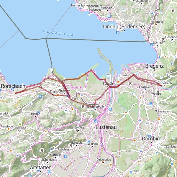 Mapa miniatúra "Gravel cyklotúra cez Gaißau, Fußach a ďalšie" cyklistická inšpirácia v Ostschweiz, Switzerland. Vygenerované cyklistickým plánovačom trás Tarmacs.app