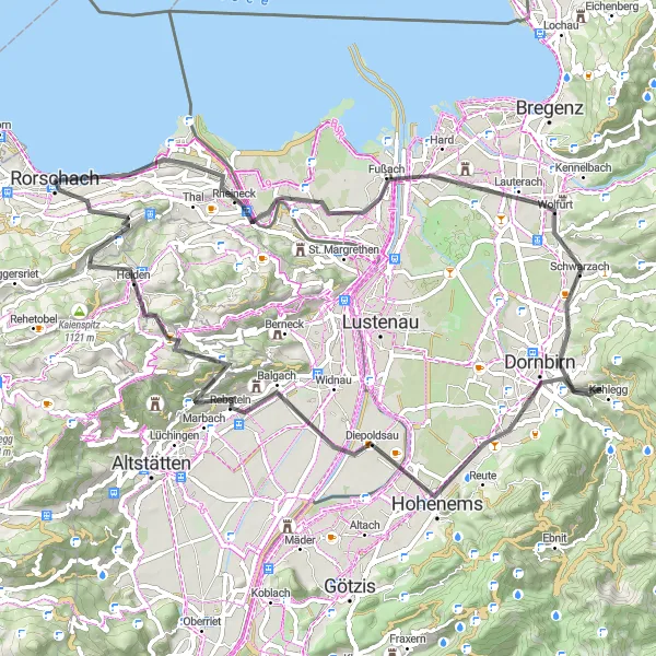 Miniature de la carte de l'inspiration cycliste "Parcours panoramique à travers Rheineck et Dornbirn" dans la Ostschweiz, Switzerland. Générée par le planificateur d'itinéraire cycliste Tarmacs.app