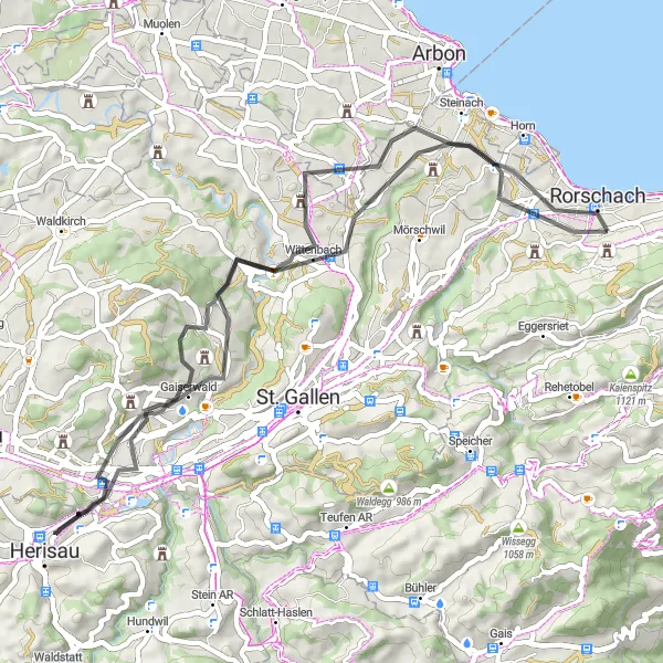 Miniaturekort af cykelinspirationen "Rorschach til Tübach Road Tur" i Ostschweiz, Switzerland. Genereret af Tarmacs.app cykelruteplanlægger