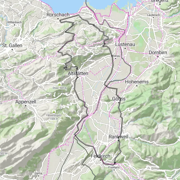 Miniatura della mappa di ispirazione al ciclismo "Giro in bicicletta da Rorschach" nella regione di Ostschweiz, Switzerland. Generata da Tarmacs.app, pianificatore di rotte ciclistiche