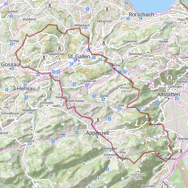Miniatura della mappa di ispirazione al ciclismo "Esplorazione Gravel intorno a Rüthi" nella regione di Ostschweiz, Switzerland. Generata da Tarmacs.app, pianificatore di rotte ciclistiche