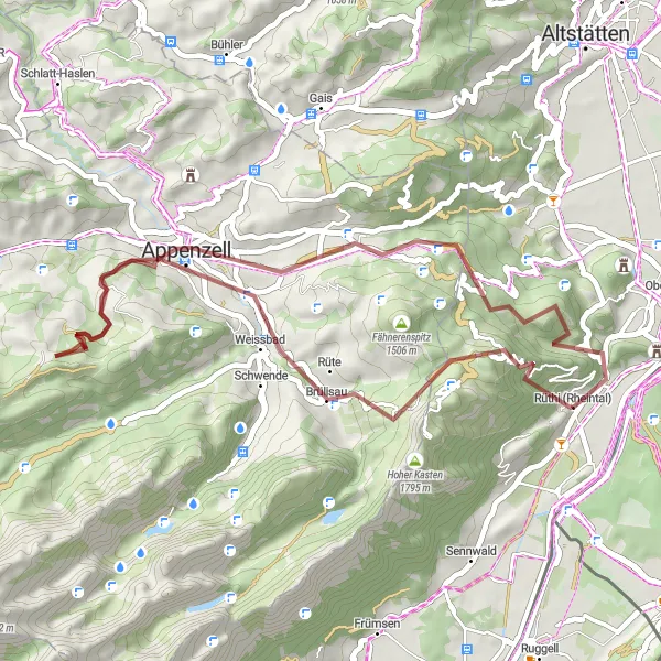 Mapa miniatúra "Gravelová trasa cez Rüthi (Rheintal), Blattenberg, Appenzell, Weissbad, Resspass a Brunnenberg Alp" cyklistická inšpirácia v Ostschweiz, Switzerland. Vygenerované cyklistickým plánovačom trás Tarmacs.app