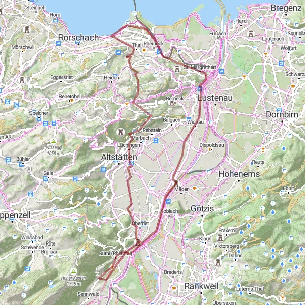 Miniatua del mapa de inspiración ciclista "Ruta en Grava de Rüthi a Rüthi" en Ostschweiz, Switzerland. Generado por Tarmacs.app planificador de rutas ciclistas