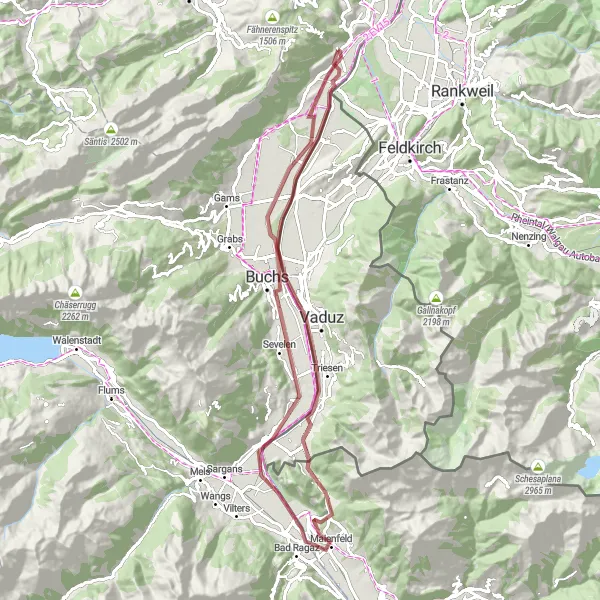 Miniatua del mapa de inspiración ciclista "Recorrido de Ciclismo de Grava a Fläsch y Triesen desde Rüthi" en Ostschweiz, Switzerland. Generado por Tarmacs.app planificador de rutas ciclistas