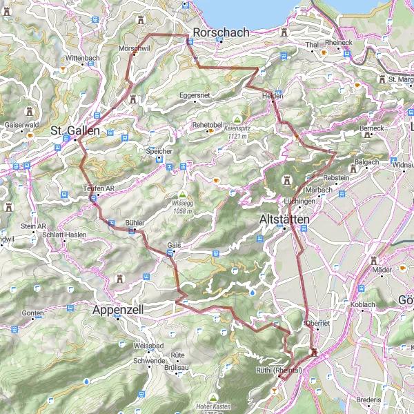 Mapa miniatúra "Gravelová trasa cez Rüthi (Rheintal), Hoher Hirschberg, Egg, St. Gallen, Fünfländerblick, Heiden, Oberriet a Blattenberg" cyklistická inšpirácia v Ostschweiz, Switzerland. Vygenerované cyklistickým plánovačom trás Tarmacs.app