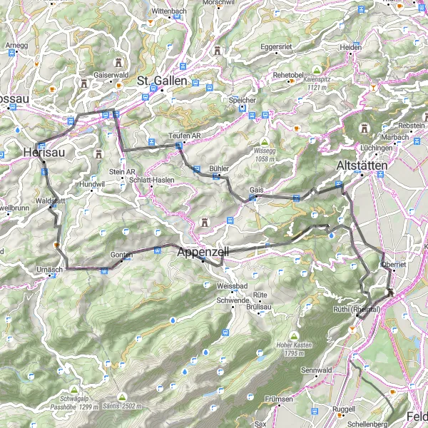 Map miniature of "The Hirschberg Loop" cycling inspiration in Ostschweiz, Switzerland. Generated by Tarmacs.app cycling route planner