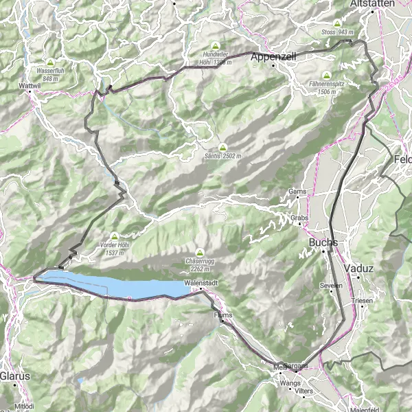 Kartminiatyr av "Epose of the Alpine Mountains" cykelinspiration i Ostschweiz, Switzerland. Genererad av Tarmacs.app cykelruttplanerare