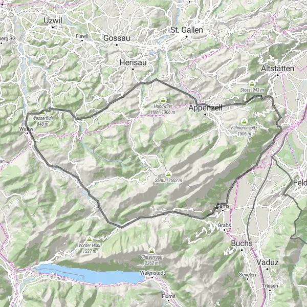 Zemljevid v pomanjšavi "Road kolesarska tura iz Rüthi do Burgruine Wichenstein" kolesarske inspiracije v Ostschweiz, Switzerland. Generirano z načrtovalcem kolesarskih poti Tarmacs.app