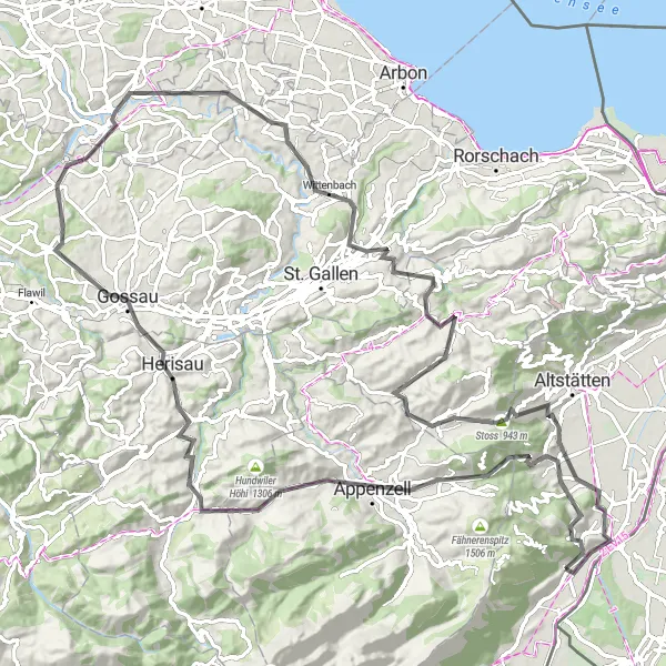 Miniatua del mapa de inspiración ciclista "Circuito de Ciclismo de Carretera a Gonten y Bischofszell desde Rüthi" en Ostschweiz, Switzerland. Generado por Tarmacs.app planificador de rutas ciclistas