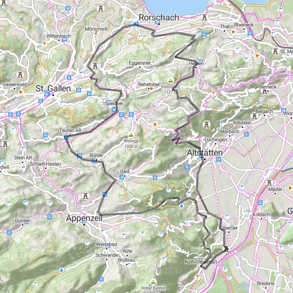 Kartminiatyr av "Rundtur langs Rheintal til Oberriet" sykkelinspirasjon i Ostschweiz, Switzerland. Generert av Tarmacs.app sykkelrutoplanlegger