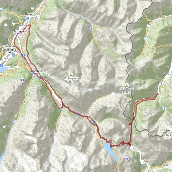 Karttaminiaatyyri "Pontresina - Konzertplatz Tais" pyöräilyinspiraatiosta alueella Ostschweiz, Switzerland. Luotu Tarmacs.app pyöräilyreittisuunnittelijalla