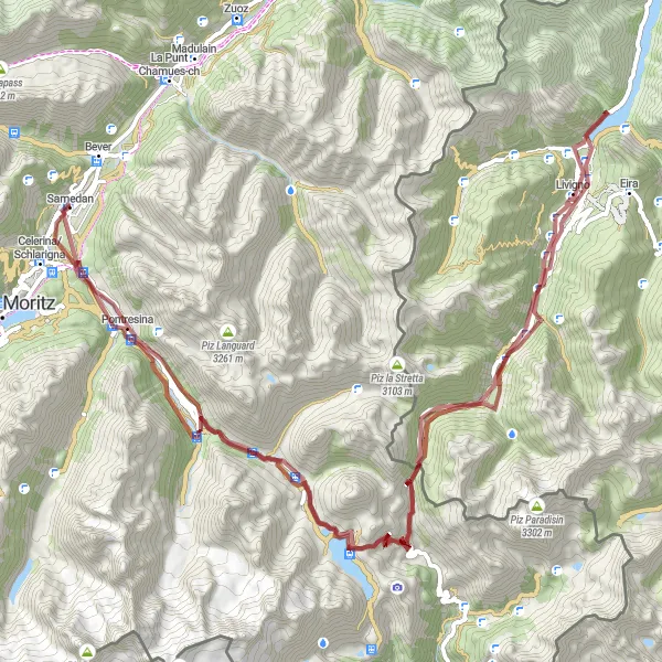 Mapa miniatúra "Gravel Adventure through Passo del Fieno and Berninapass" cyklistická inšpirácia v Ostschweiz, Switzerland. Vygenerované cyklistickým plánovačom trás Tarmacs.app