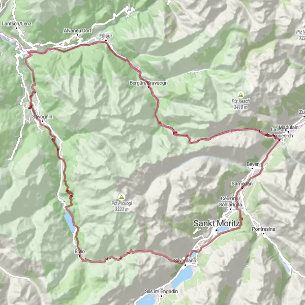 Miniatura della mappa di ispirazione al ciclismo "Percorso di mountain biking vicino a Samedan" nella regione di Ostschweiz, Switzerland. Generata da Tarmacs.app, pianificatore di rotte ciclistiche