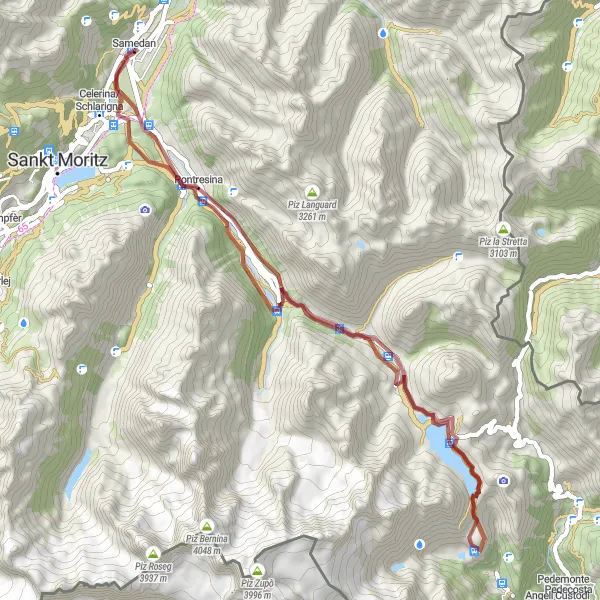 Miniaturní mapa "Gravelová cyklistická trasa z blízkosti Samedanu" inspirace pro cyklisty v oblasti Ostschweiz, Switzerland. Vytvořeno pomocí plánovače tras Tarmacs.app