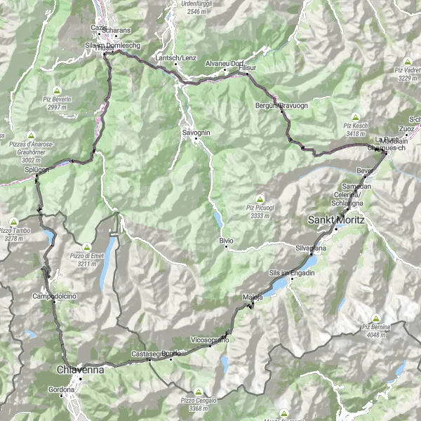 Mapa miniatúra "Road Cycling Challenge through Viamalaschlucht and Albulapass" cyklistická inšpirácia v Ostschweiz, Switzerland. Vygenerované cyklistickým plánovačom trás Tarmacs.app